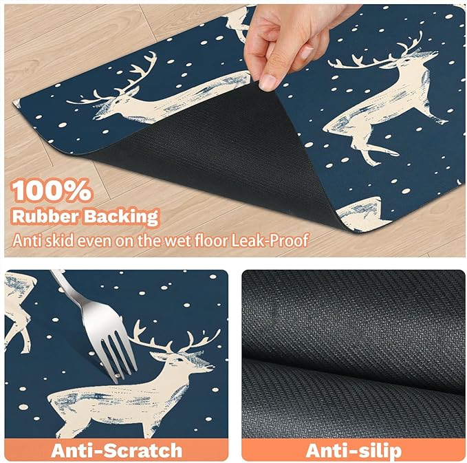 Christmas Deers Dog Food Mat for Floors Absorbent, Quick Dry Water Dispenser Mat for Food, Water, Pet Supplies 12" x 20", Winter Snowflake
