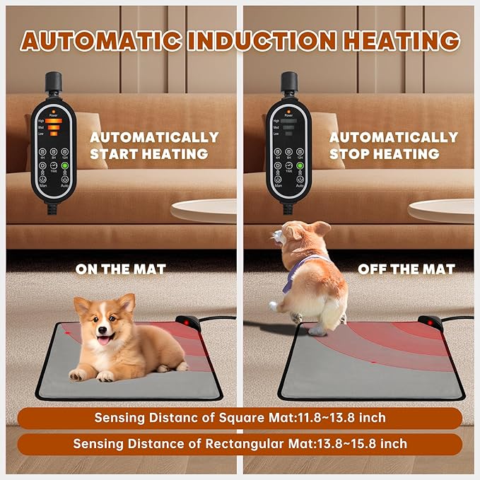 Pet Heating Pad for Cats & Dogs,Safe Electric Cat Warming Pad with Chew Resistant Cord,Automatic Induction Heated Cat Bed,Adjustable Temperature & Time(17.7" x 17.7")