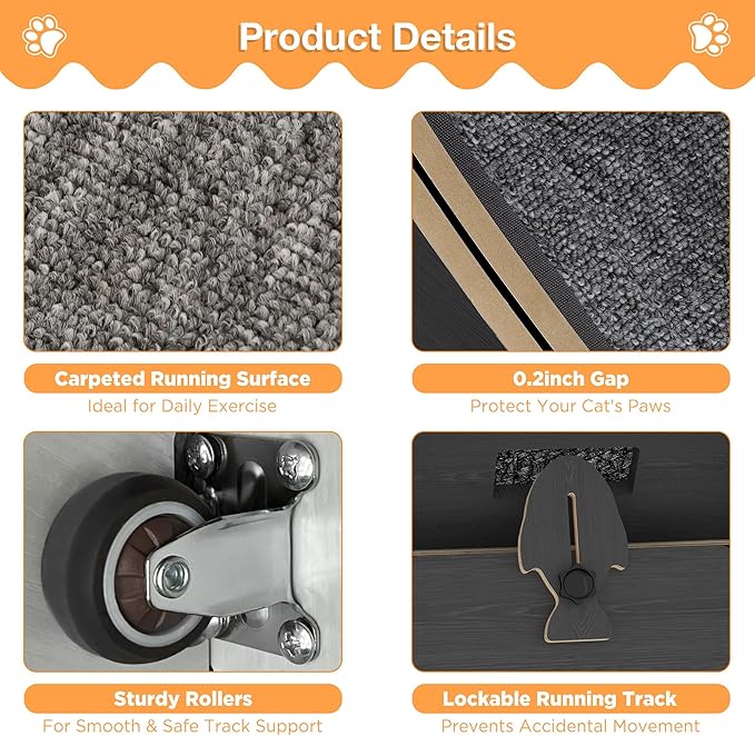 Cat Exercise Wheel Indoor, Quiet Medium Cat Treadmill with Detachable Carpeted Runway & Lock, 38.2” Exercise Running Wheel for Pet’s Health and Entertainment, (Black, M)