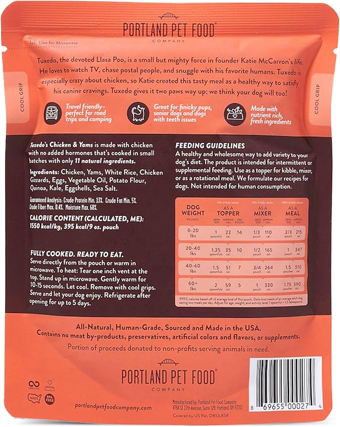 CRAFTED BY HUMANS LOVED BY DOGS Portland Pet Food Company Rosie’s Beef N' Rice Wet Dog Food Pouches 5pk and Tuxedo’s Chicken & Yams Wet Dog Food Pouches 5pk Bundle