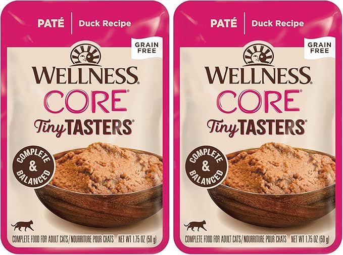 Wellness CORE Tiny Tasters Pate Adult Wet Cat Food,Natural,Protein-Rich,Grain Free,1.75-Ounce Pouch,(Duck),(Pack of 24)