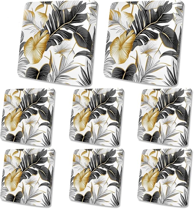 HANDONTIME 8Pcs Outdoor Patio Cushion Covers Tropical Palms Stretch Couch Cushion Cover Patio Couch Slipcover for Outdoor/Indoor Washable Non-Slip Furniture Protector for Pet (Black Gold, Cover Only)