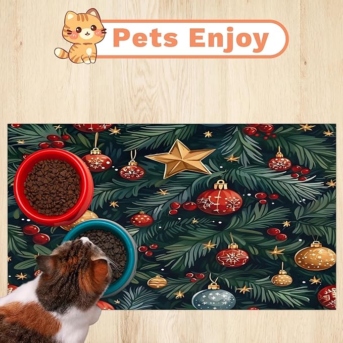 Christmas Holly Dog Food Mat for Floors Absorbent, Quick Dry Water Dispenser Mat for Food, Water, Pet Supplies 24" x 32", Xmas Ball Star