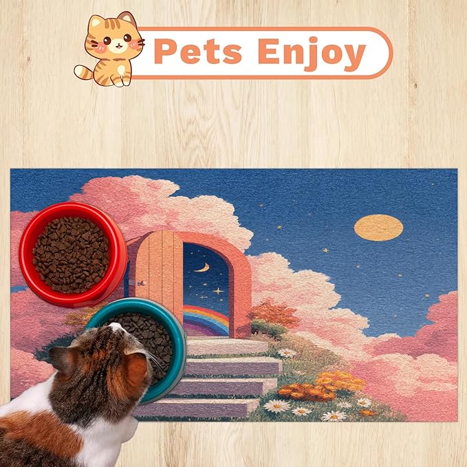 Rainbow Sun Dog Food Mat for Floors Absorbent, Quick Dry Water Dispenser Mat for Food, Water, Pet Supplies 24" x 32", Wildflower