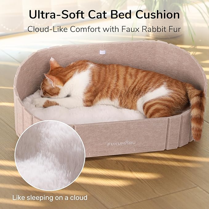FUKUMARU Cat Beds for Indoor Cats, 24 Inch Large Cat Couch Bed with Cozy Faux Rabbit Fur Cushion, Felt Cats House Sofa in Oval Shape, Camel