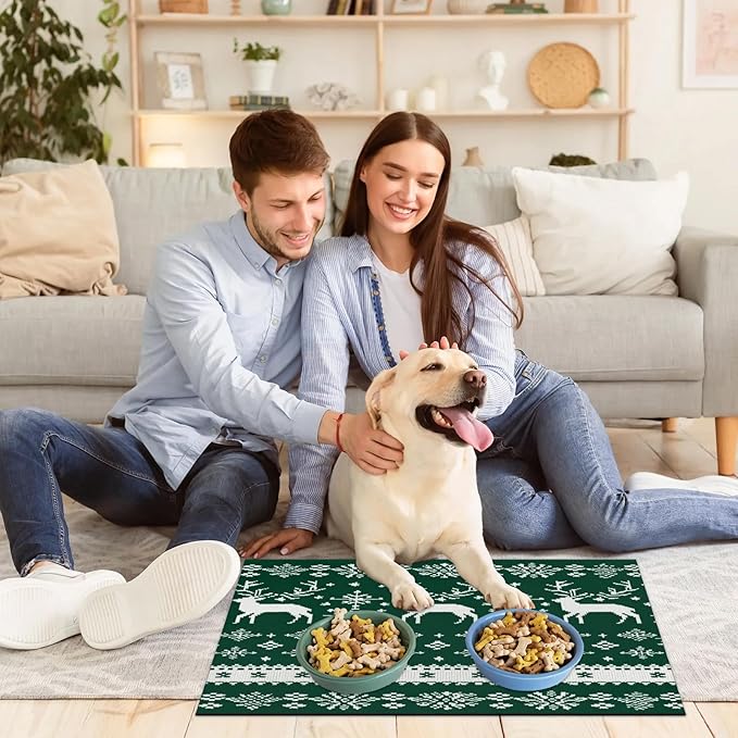 Xmas Deer Dog Food Mat for Floors Absorbent, Quick Dry Water Dispenser Mat for Food, Water, Pet Supplies 24" x 32", Snowflake
