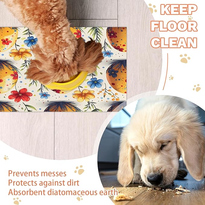 Easter Eggs Dog Food Mat for Floors Absorbent Dog Bowl Mat for Food and Water Dispenser Quick Dry Cat Food Placemat Pet Supplies 24" x 32", Watercolor Wildflower