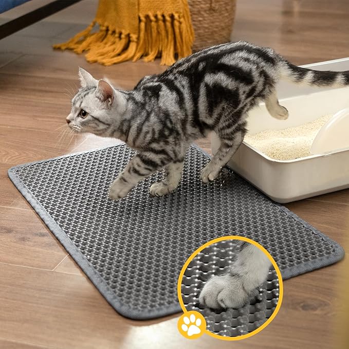 Cat Litter Mat-Litter Box Mat for Kitty, EVA Honeycomb Double Layer Design, Urine & Waterproof Scatter Control, Less Waste, Easier To Clean,Non Slip, Gray