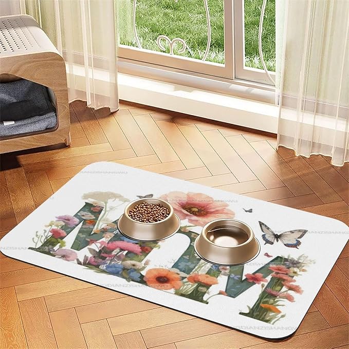 Pet Feeding Mat for Floors Waterproof Dog Mat for Food and Water Happy Mother's Day Floral Gift Mom Jr Absorbent Quick Dry Non Slip Mats Cat Bowls 18X12In