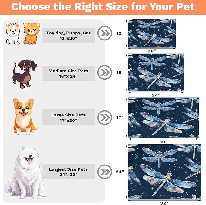 Boho Dragonfly Dog Food Mat for Floors Absorbent, Quick Dry Water Dispenser Mat for Food, Water, Pet Supplies 17" x 30", Galaxy Star