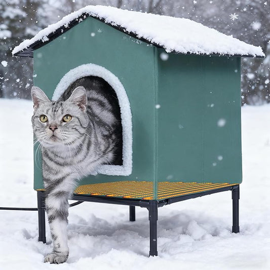Heated Cat House for Indoor/Outdoor Use, Elevated/Insulated Feral Cat House, Heated Cat Bed with Pets Heating Pad, Warm House for Outside Stray Cats (Green,Medium)