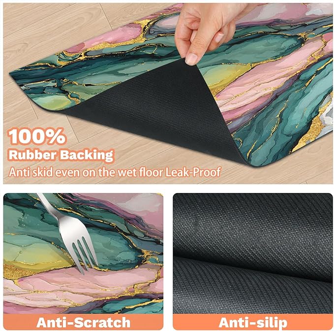 Green Pink Marble Dog Food Mat for Floors Absorbent, Quick Dry Water Dispenser Mat for Food, Water, Pet Supplies 17" x 30", Abstract