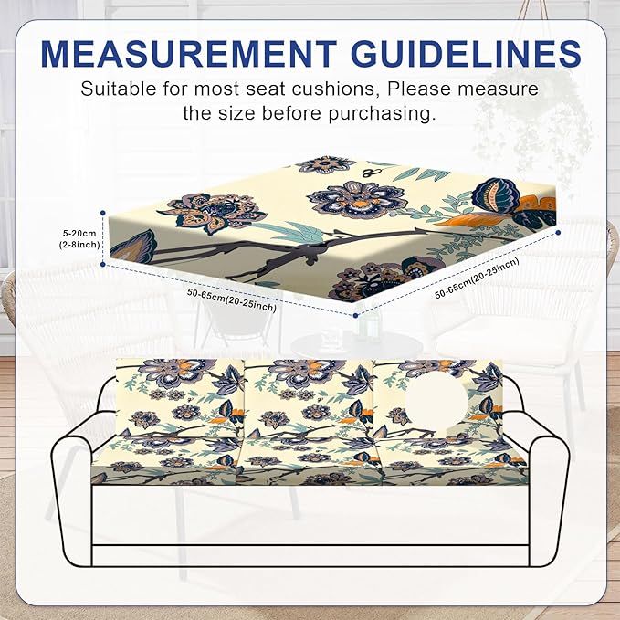HANDONTIME 8Pcs Outdoor Patio Cushion Covers Boho Floral Stretch Couch Cushion Cover Patio Couch Slipcover for Outdoor/Indoor Washable Non-Slip Furniture Protector for Pet (Blue, Cover Only)