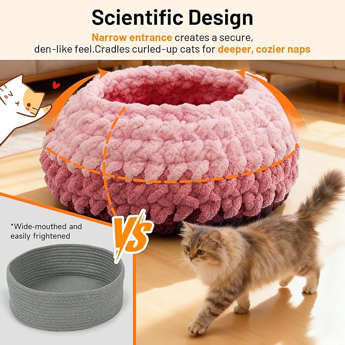 Rondo Cat Nest for Indoor Kitten Cloud Pink Handwoven Washable Cat Nest Bed Extra Soft Round Cave House Furniture