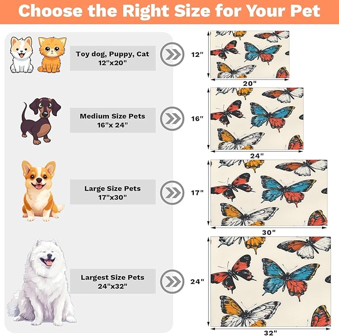 Colorful Butterfly Dog Food Mat for Floors Absorbent, Quick Dry Water Dispenser Mat for Food, Water, Pet Supplies 16" x 24", Watercolor Animal