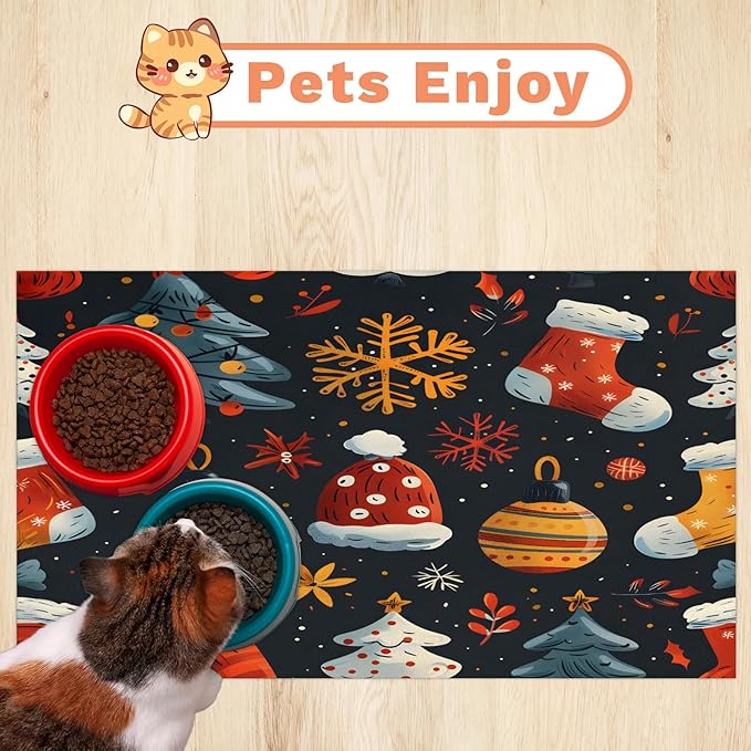 Merry Christmas Dog Food Mat for Floors Absorbent, Quick Dry Water Dispenser Mat for Food, Water, Pet Supplies 12" x 20", Sock Ball