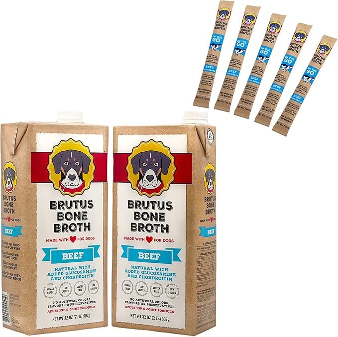 Brutus Bone Broth for Dogs (Beef, 2-Pack) On The Go Instant Bone Broth (Beef, 5-Pack)