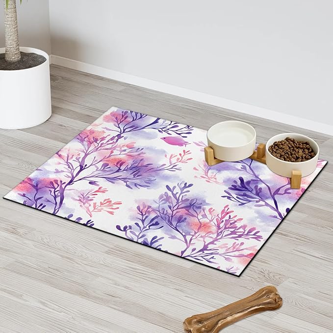 Coastal Dog Food Mat for Floors Absorbent Dog Bowl Mat for Food and Water Dispenser Quick Dry Cat Food Placemat Pet Supplies 12" x 20", Watercolor Coral