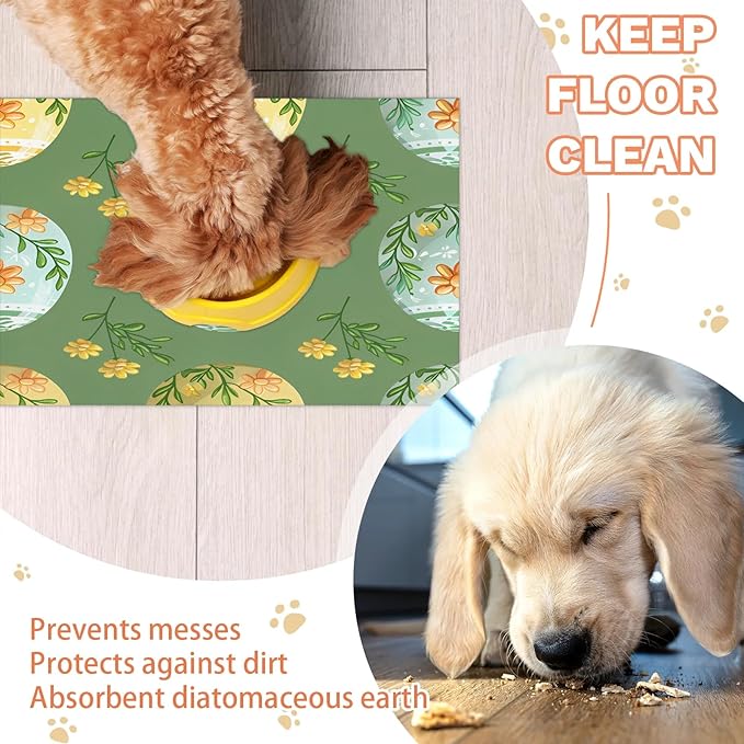 Happy Easter Dog Food Mat for Floors Absorbent Dog Bowl Mat for Food and Water Dispenser Quick Dry Cat Food Placemat Pet Supplies 16" x 24", Floral Eggs