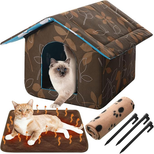 Cat House Outdoor Waterproof Houses for Feral Cats Dogs Pet Shelter Collapsible Dog House with Self Warming Pad Blanket, 3 Pcs Tent Stakes(14 x 12 x 13 Inch)