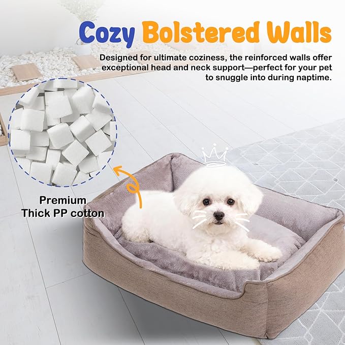 Makigued Rectangle Dog Bed for Medium Size Dog with Removable Washable Cover Pet Bed with Bolster Sides Non-Slip Bottom Pet Sofa Waterproof Lining Durable Pet Cuddler, Light Brown, 25x 20x 6.7 in