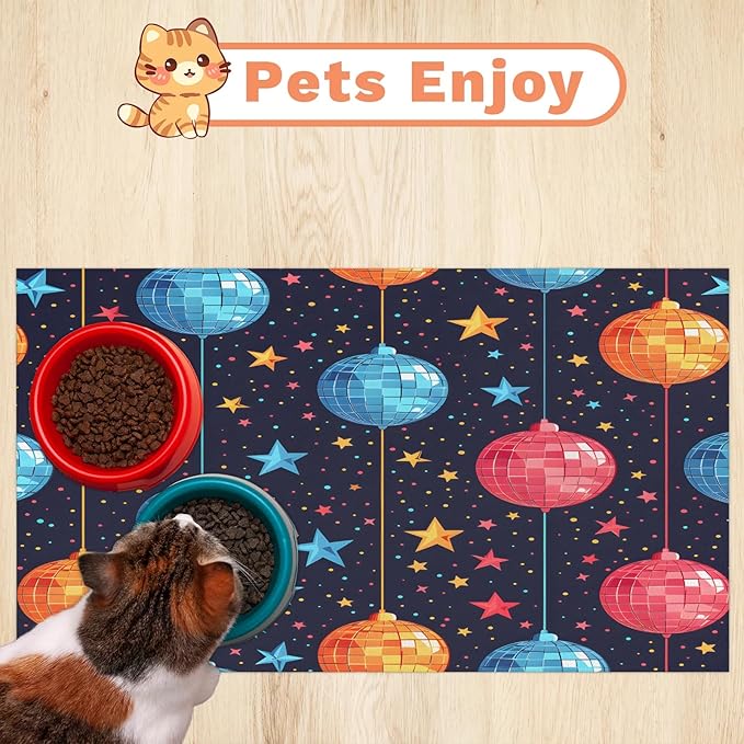 Christmas Ball Dog Food Mat for Floors Absorbent, Quick Dry Water Dispenser Mat for Food, Water, Pet Supplies 17" x 30", Xmas Stars