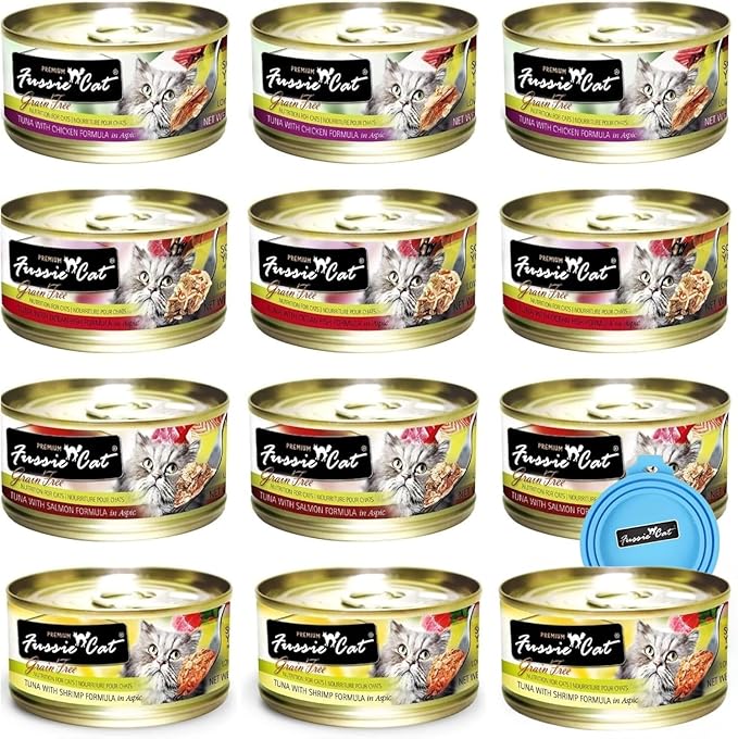 Fussie Cat Premium Canned Grain Free Cat Wet Food - Variety 4 Flavors Pack Food Bowl (48 Cans) (Tuna & Ocean Fish- Salmon - Shrimp - Chicken) 2.82 Ounce
