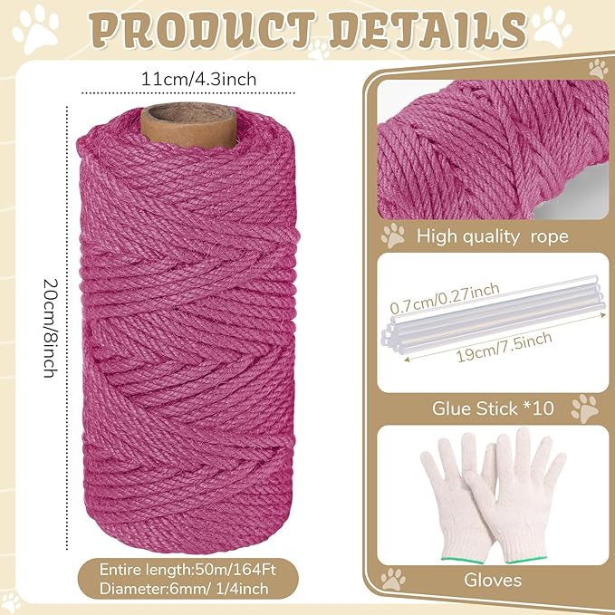 1/4inch ×164Ft Natural Cat Tree Hemp Rope, DIY Repair and Replace Scratching Post Sisal Rope for Scratching Post Cat Tree Tower DIY(Pink)
