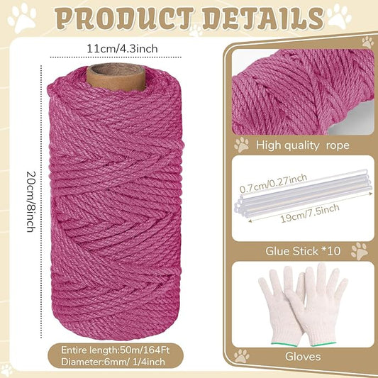 1/4inch ×164Ft Natural Cat Tree Hemp Rope, DIY Repair and Replace Scratching Post Sisal Rope for Scratching Post Cat Tree Tower DIY(Pink)