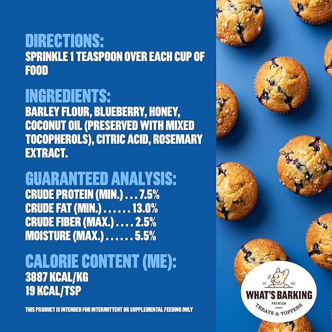 What's Barking Shakers Meal Toppers, Dog Treat Crumbles for Food Topping, Pet Essentials, Sprinkle Topper for Kibble or Wet Food, Made in USA, Resealable Bag, Blueberry Muffin Flavor, 5 oz