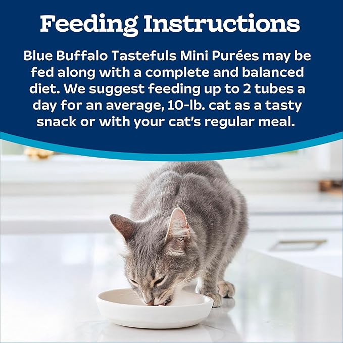 Blue Buffalo Tastefuls Mini Purées, Adult Cat Natural Single-Serving Snack, 4-Count Variety Pack Chicken and Tuna, 0.5 oz. (Pack of 4)