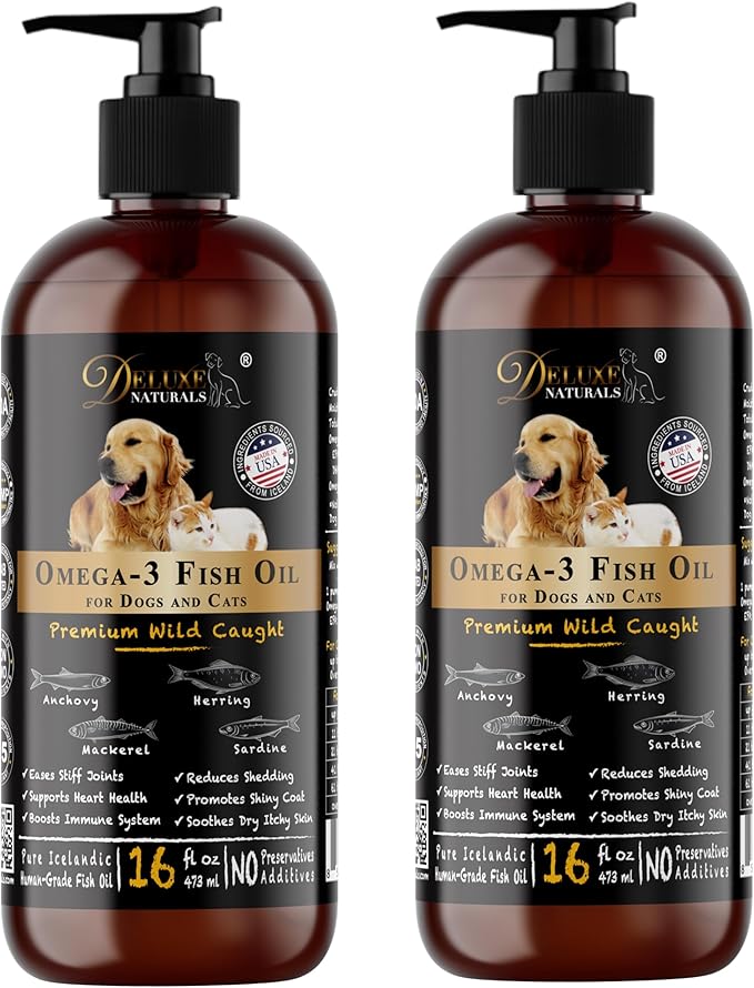 Omega-3 Fish Oil for Dogs & Cats – 2-Pack (16 fl oz Each) High-Potency Wild-Caught Fish Oil with 800 mg EPA + 525 mg DHA per Teaspoon, Supports Skin & Coat and Joint Health Supplement