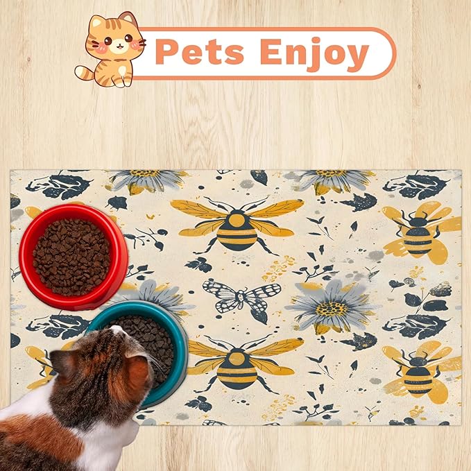 Boho Bee Dog Food Mat for Floors Absorbent, Quick Dry Water Dispenser Mat for Food, Water, Pet Supplies 12" x 20", Vintage Daisy