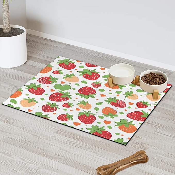 Strawberry Dog Food Mat for Floors Absorbent Dog Bowl Mat for Food and Water Dispenser Quick Dry Cat Food Placemat Pet Supplies 12" x 20", Red Strawberry
