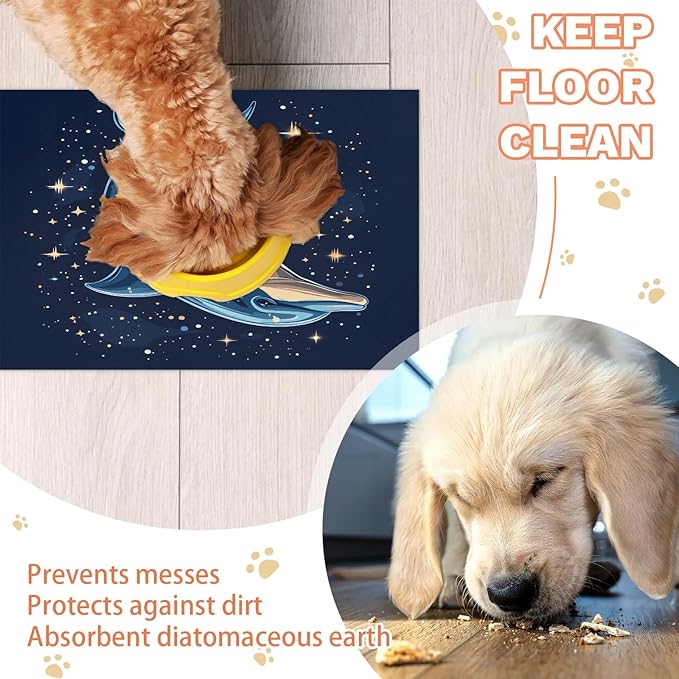 Dolphins Dog Food Mat for Floors Absorbent Dog Bowl Mat for Food and Water Dispenser Quick Dry Cat Food Placemat Pet Supplies 16" x 24", Galaxy Star