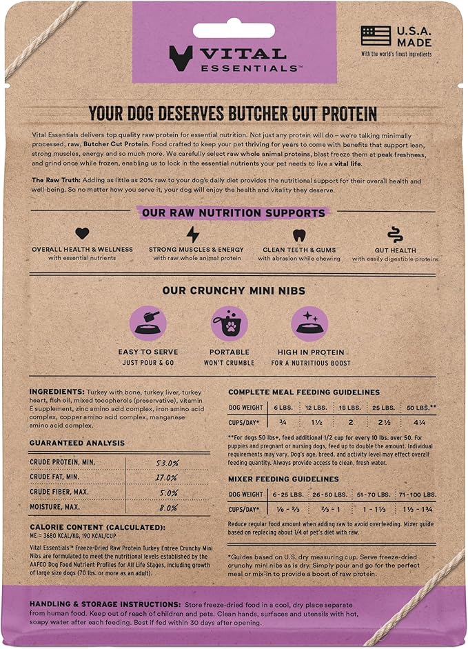 Vital Essentials Freeze Dried Dog Food, Raw Turkey Crunchy Mini Nibs | Complete Meal or Topper | 96% Turkey, Organs & Bone | Limited Ingredient, High Protein, Grain Free Dry Dog Food | 5.5 oz Bag