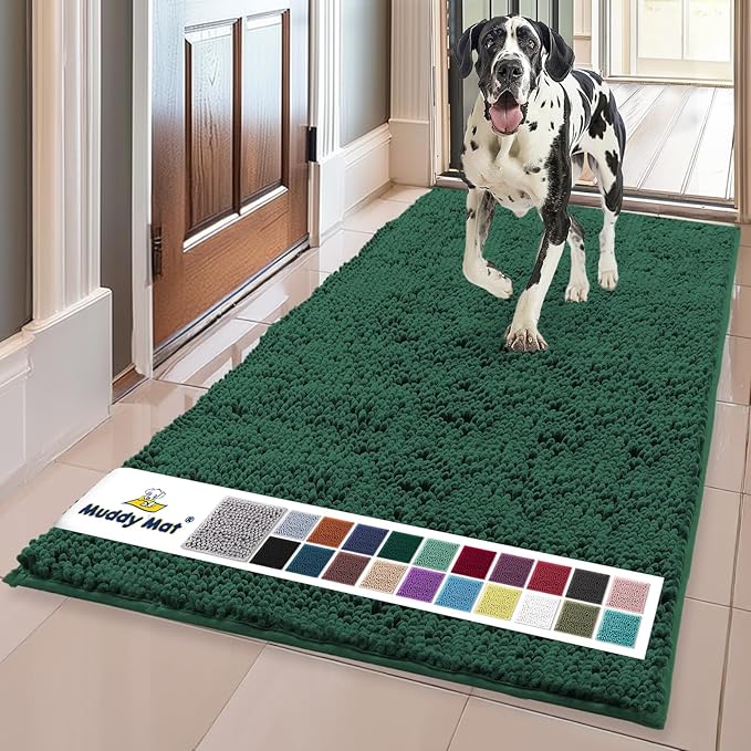 Muddy Mat® | Super Absorbent Door Mat Indoor, Microfiber Quick Dry Chenille Entryway Rug, Non-Slip Front Door Mat, Indoor Mats for Entryway, Machine Washable Pet Rug, Dark Green 24" x 96"
