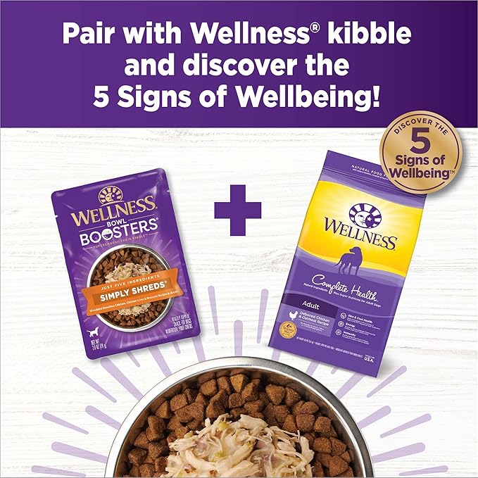 Wellness Bowl Boosters Simply Shreds Wet Dog Food Topper for Small, Medium, & Large Breeds, Grain Free, Natural, Chicken Liver & Broccoli, 2.8 Ounce Pouch (Pack of 12)