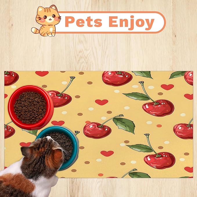 Cherry Fruit Dog Food Mat for Floors Absorbent Dog Bowl Mat for Food and Water Dispenser Quick Dry Cat Food Placemat Pet Supplies 17" x 30", Love Polka Dot