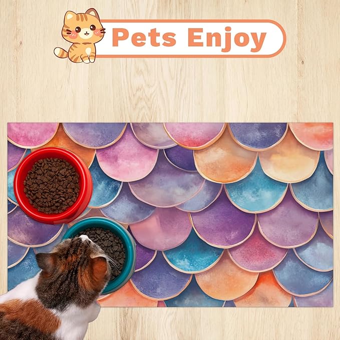 Mermaid Scale Dog Food Mat for Floors Absorbent Dog Bowl Mat for Food and Water Dispenser Quick Dry Cat Food Placemat Pet Supplies 12" x 20", Fish Scale