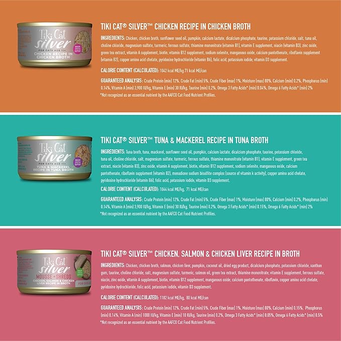 Tiki Cat Silver Variety Pack,Immune System Support Formulated for Older Cats Aged 11+,Senior Wet Cat Food,2.4 oz. Can,12 Count (Pack of 2)