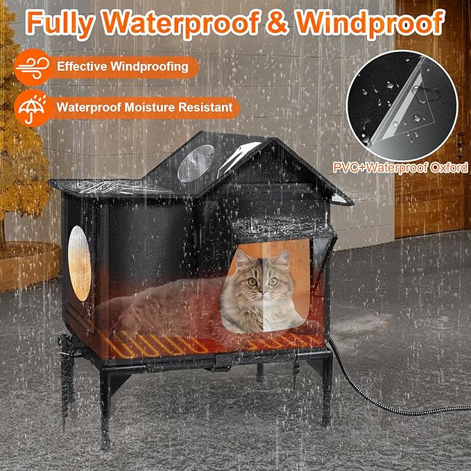 Heated Outdoor Cat House Weatherproof with Heating Pad, Insulated Feral Cat Houses for Outdoor Cats, Safe Escape Door, Heated Cats House for Outside, Outside Stray Cats Shelter with Elevated Base(S)