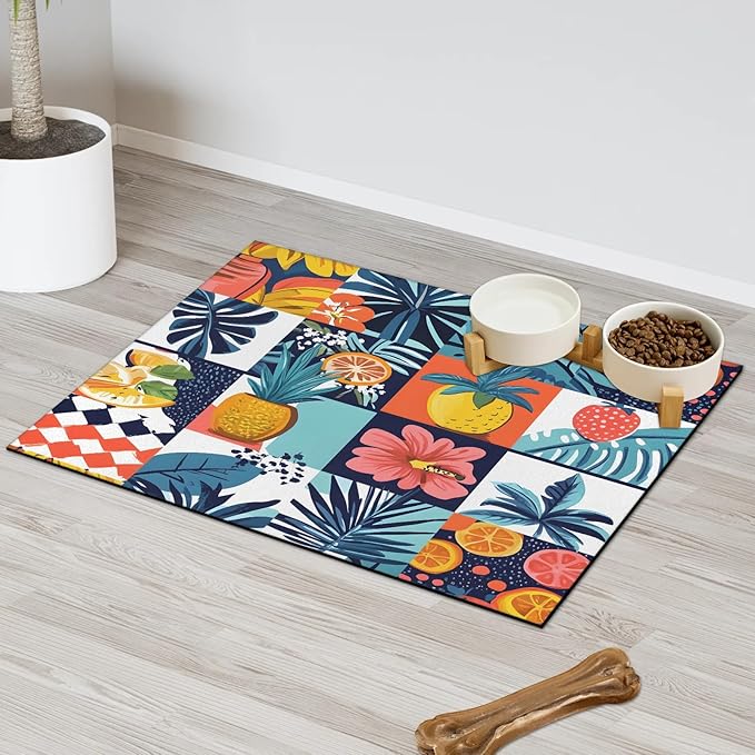 Pineapple Fruit Dog Food Mat for Floors Absorbent Dog Bowl Mat for Food and Water Dispenser Quick Dry Cat Food Placemat Pet Supplies 16" x 24", Check