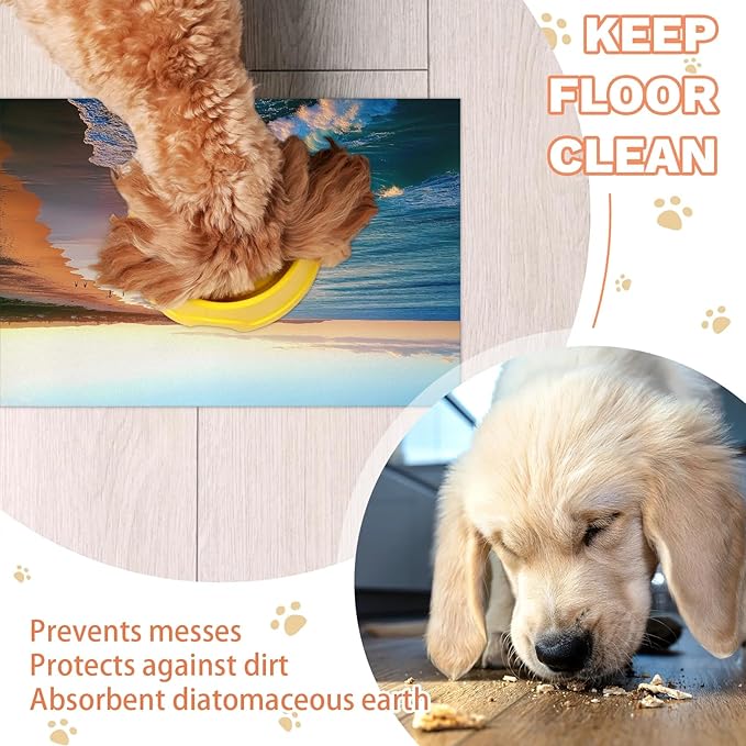 Ocean Beach Dog Food Mat for Floors Absorbent, Quick Dry Water Dispenser Mat for Food, Water, Pet Supplies 12" x 20", Teal Blue Coastal