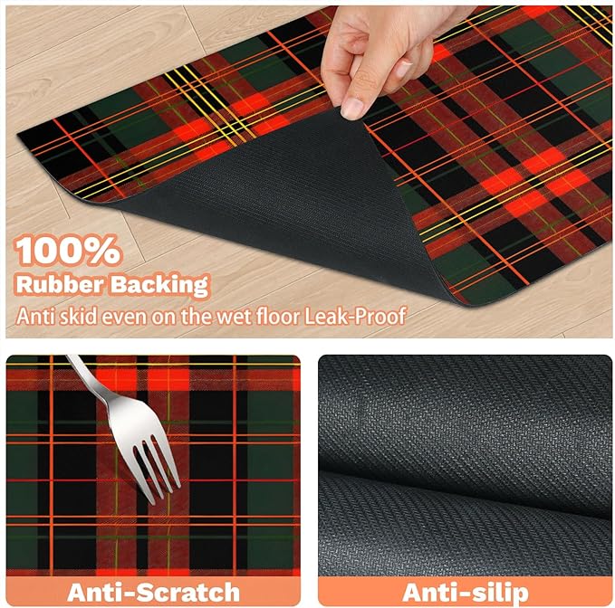 Buffalo Check Dog Food Mat for Floors Absorbent, Quick Dry Water Dispenser Mat for Food, Water, Pet Supplies 17" x 30", Red Green