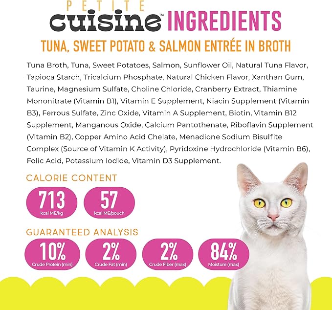 PETITE CUISINE Whole Foods Wet Cat Food, Tuna, Sweet Potato & Salmon Entree in Broth, 2.8 oz. Can (24 Count)