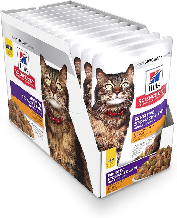 Hill's Science Diet Sensitive Stomach & Skin, Adult 1-6, Stomach & Skin Sensitivity Support, Wet Cat Food, Chicken & Beef Stew, 2.8 oz Pouch, Case of 24