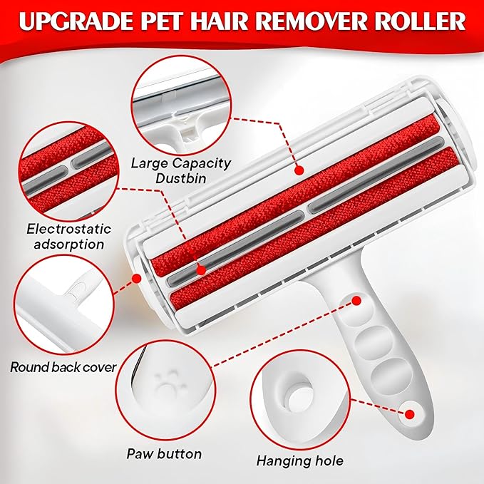 Self-Cleaning Pet Hair Remover Roller for Furniture, Reusable Lint Roller and Dog/Cat, Carpet, Clothing - Portable Multi Surface Fur Removal