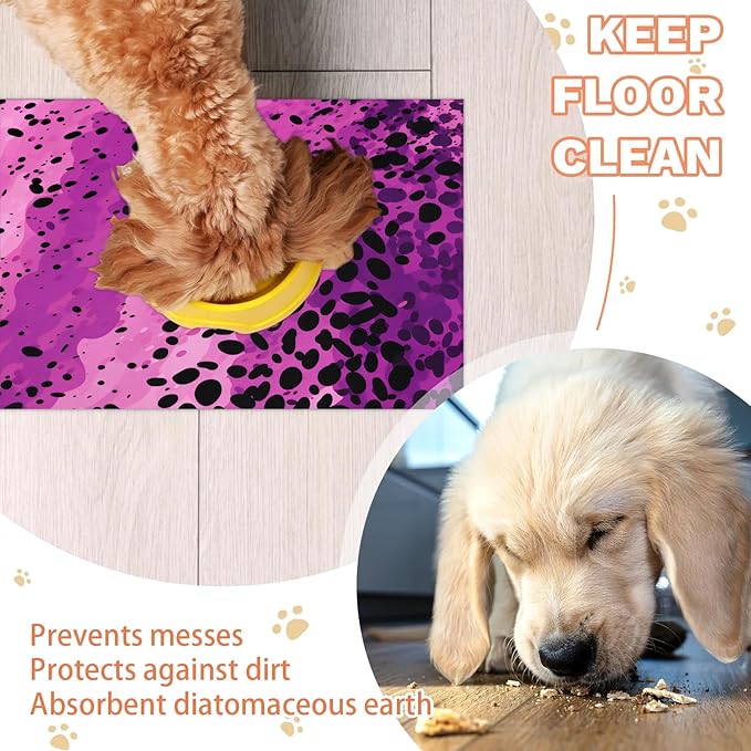 Leopard Print Dog Food Mat for Floors Absorbent Dog Bowl Mat for Food and Water Dispenser Quick Dry Cat Food Placemat Pet Supplies 12" x 20", Purple Wild Skin