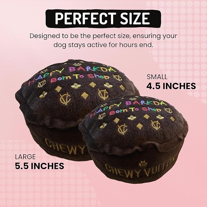 Dog Diggin Designs Chewy Vuiton Barkday Cake Plush Dog Toy | Luxury-Inspired Parody Designer Cake with Squeaker, Soft Plush Celebration Dog Toy – Prêt-à-Porter Play!